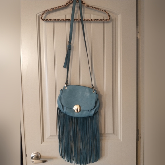Vieta Fringed Blue Pebbled Leather Crossbody Purse with leather fringe - Picture 13 of 13